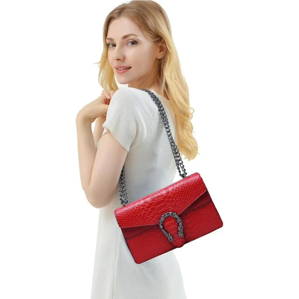 ⚡ Women's Leather Vintage Snake Print Crossbody Red Square Satchel Handbag